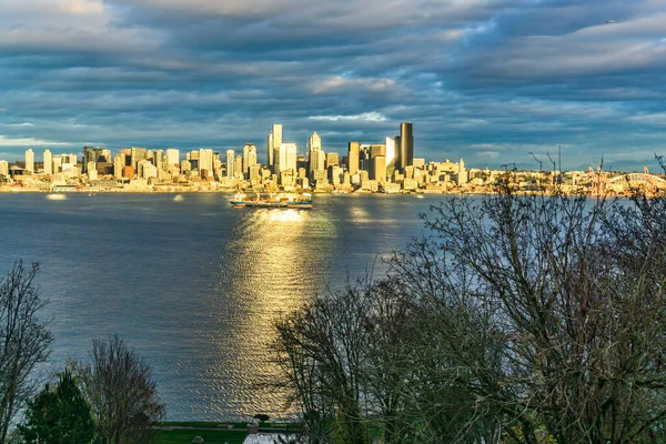 Západ Slunce Aby Město Seattle Zářit Akroos Elliott Bay — Stock fotografie
