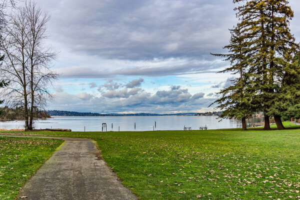 A view of the shoreline. Photo taken from Seward Park in Seattle, Washington.