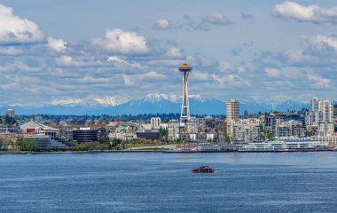 Cascade Mountain can be seen behind the Seattle skyline in Washington State.