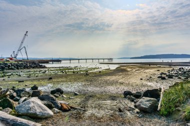 Washington 'daki Des Moines marinasındaki vinç inşaatın devam ettiğini gösteriyor..