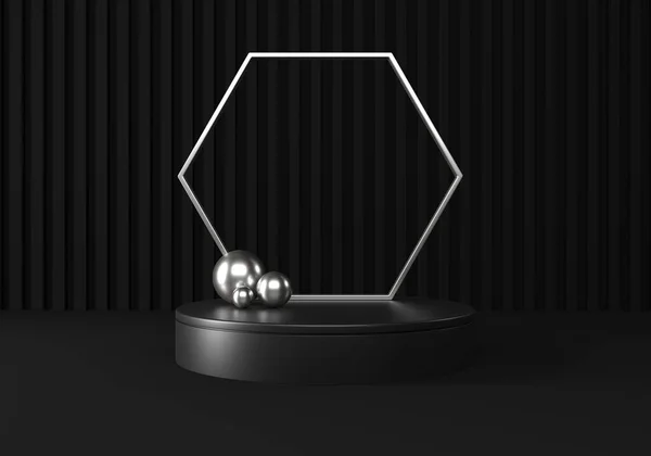 ブラック 表彰台や銀の要素を持つプラットフォーム 広告場所のシーン 3Dレンダリング ロイヤリティフリーのストック写真