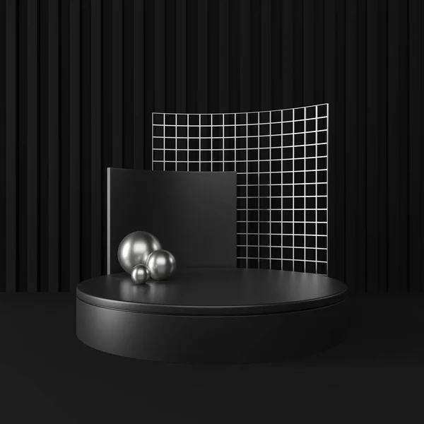 Černé Pódium Podstavec Nebo Plošina Stříbrnými Prvky Scéna Reklamy Vykreslování Stock Snímky