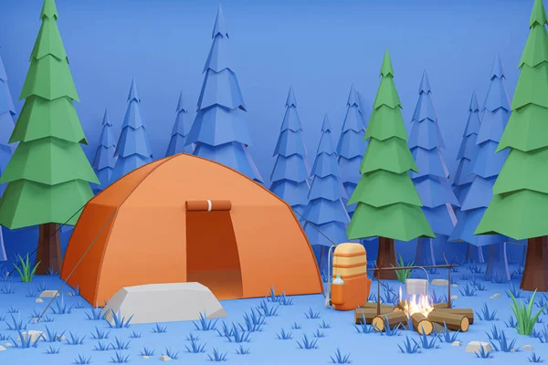 3D cartoon Campfire and tents in the big forest, summertime camping, traveling, trip, hiking activities - 3D rendering