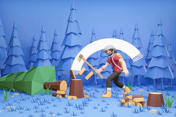 3D卡通人物伐木工人在森林里用斧头砍树 幸存者3D渲染者 — 图库照片