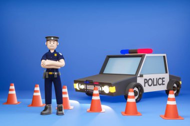3D çizgi film karakteri Poz veren polis ve mavi arka planda izole edilmiş polis arabası - 3D illüstrasyon