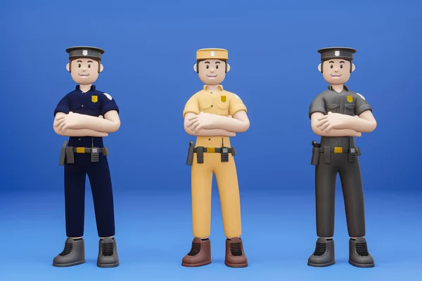 3D cartoon character Policeman in standing pose isolated on the blue background - 3D illustration