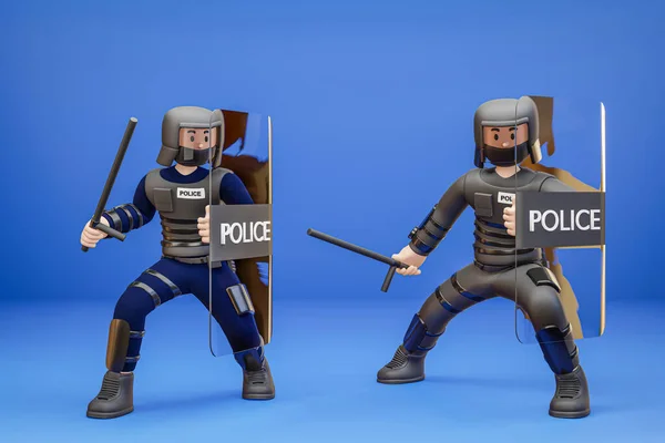 Rajzfilmfigura Rendőrségi Rohamrendőrség Védi Békét Város Elszigetelt Kék Háttér Gumibot — Stock Fotó