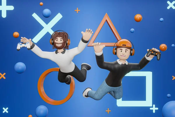 3D漫画のキャラクタービデオゲームをプレイして空気中のコントローラーやジョイスティックを保持する2人の男は青の背景 ビデオゲーム ゲームパッドを隔離する 3Dイラスト — ストック写真