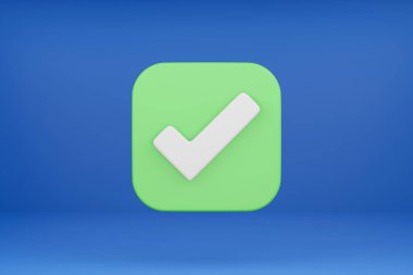 3D çizgi film Sembolü gibi veya doğru simge simgesi gibi mavi arkaplanı izole et, işaretleme düğmesi - 3B resimleme