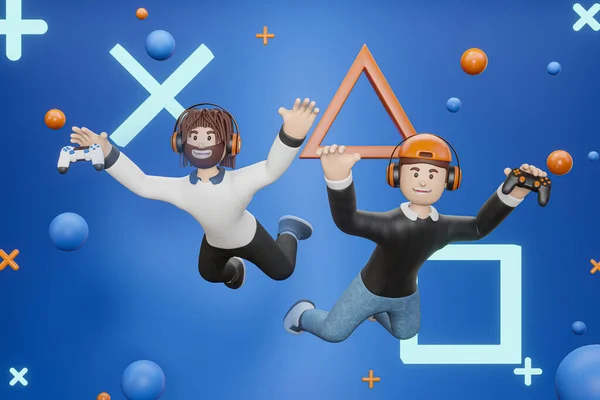 3D漫画のキャラクタービデオゲームをプレイして空気中のコントローラーやジョイスティックを保持する2人の男は青の背景 ビデオゲーム ゲームパッドを隔離する 3Dイラスト — ストック写真