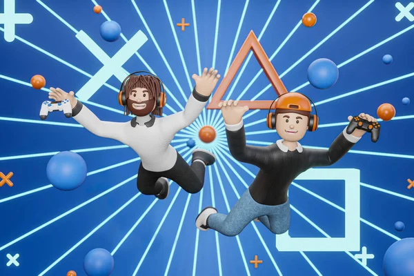 3D漫画のキャラクタービデオゲームの世界に飛び込む2人の男 青い背景 ビデオゲーム ゲームパッド コントローラーまたはジョイスティックを保持することを隔離する 3Dイラスト — ストック写真