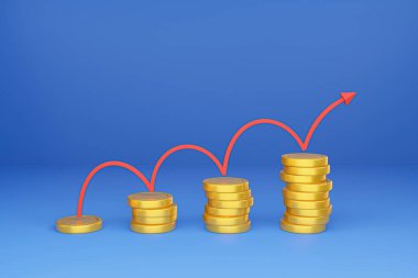 3D Kırmızı ok ve bozuk para yığınları mavi arkaplanı izole eder, para tasarrufu kavramı - 3D resimleme