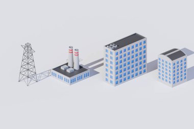 Modern izometrik binalar ve oyunlar için fabrikalar, şehir binaları ve inşaatlar, Isometric şehir konsepti - 3D tasvir