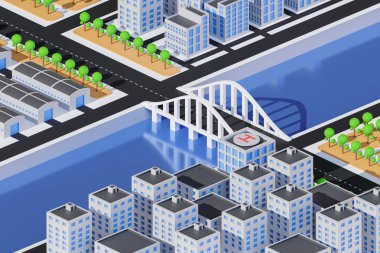 Nehir kenarı, şehir binaları ve inşaatı olan bir şehrin Isometric şehir konsepti - 3 boyutlu resimleme