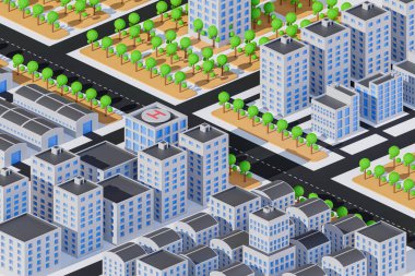 Gökdelenlerin, evlerin, bahçelerin ve sokakların izometrik şehir manzarası, Isometric şehir konsepti - 3D resimleme