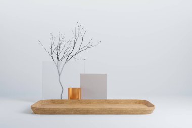 Beyaz arkaplanda ahşap podyum, kozmetik parfüm için görünüm doğal ürün, basit temiz tasarım, lüks minimalist model - 3D illüstrasyon