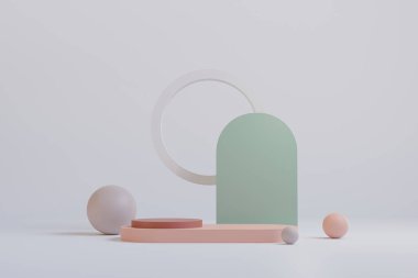Pastel podyumu maket için ve ürünleri minimal arkaplan, kozmetik modelleme - 3D illüstrasyon sunumu için görüntüler