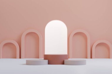 Pastel podyumu maket için ve ürünleri minimal arkaplan, kozmetik modelleme - 3D illüstrasyon sunumu için görüntüler