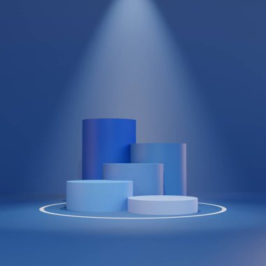 Mavi arka planda mavi podyum, kozmetik parfüm için görünüm doğal ürün, basit temiz tasarım, lüks minimalist taklit - 3d