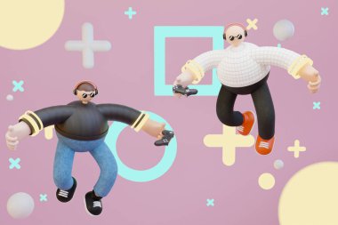 Sanal gerçeklik gözlüğü takan ve havada süzülen üç boyutlu çizgi film karakterleri mavi arka plan, video oyunu, sanal dünya, Metaverse 'i geleceğe doğru izole eder.