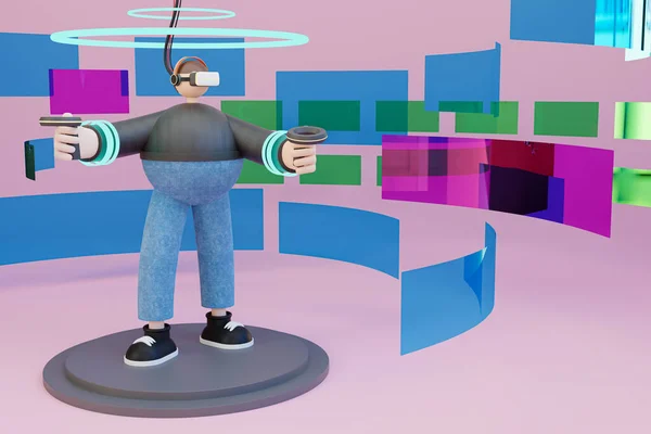 Cartoon Charecter Man Met Technologie Het Aanraken Van Virtual Reality — Stockfoto