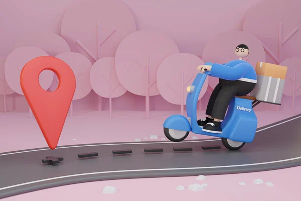 Cartoon Mobile Phone Showing Gps Delivery Location Isolate Pink Background — Stok fotoğraf