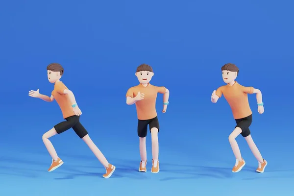 Cartoon Männliches Läufertraining Isoliert Auf Blauem Studiohintergrund Muskulöser Sportlicher Mann — Stockfoto