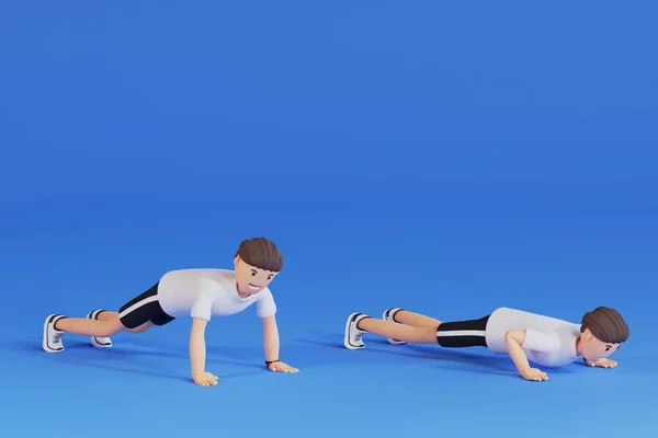 3D cartoon character Man doing push-up and cardio exercises isolate blue background, Healthy lifestyle concept - 3D render illustration