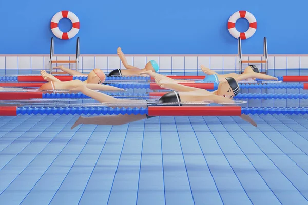 Personaggio Dei Cartoni Animati Nuoto Piscina Utilizzando Tecnica Freestyle Concetto — Foto Stock