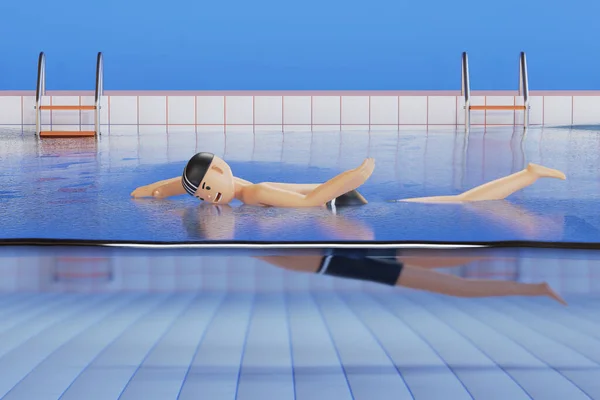 3D卡通人物男性游泳运动员在游泳池游泳 使用自由泳技术 健康的生活方式概念 3D渲染说明 — 图库照片
