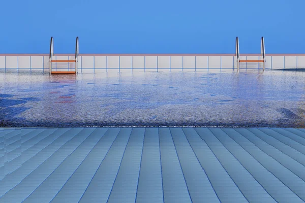 Stripfiguur Zwembad Met Ladder Reddingsboei Blauwe Ondergrond Weergave Illustratie — Stockfoto
