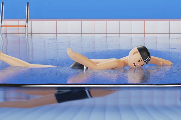3D卡通人物男性游泳运动员在游泳池游泳 使用自由泳技术 健康的生活方式概念 3D渲染说明 — 图库照片