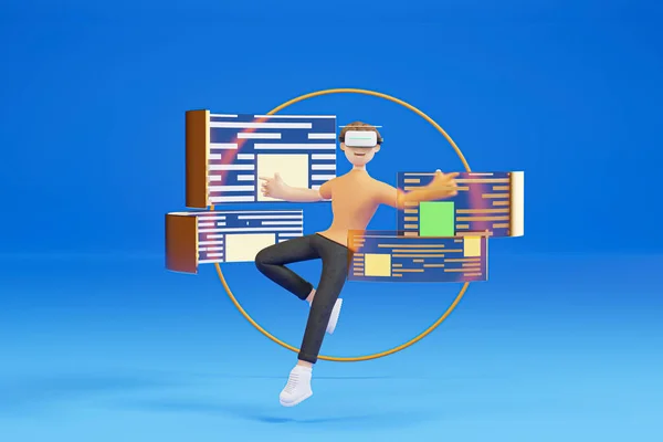 Cartoon Charecter Man Wearing Technology Touching Virtual Reality Enter Virtual — Stock Photo, Image