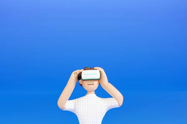 Cartoon Charecter Man Wearing Technology Touching Virtual Reality Enter Virtual — Stock Photo, Image