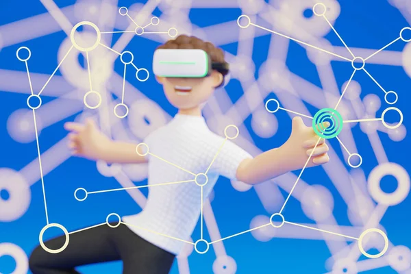 Cartoon Charecter Man Using Glasses Virtual Reality Blue Background Headset — Stock Photo, Image
