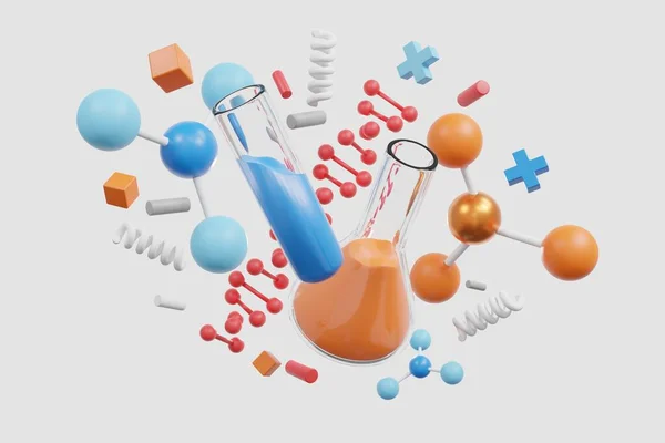 Science elements atomic bottle DNA molecule plat of bacteria, paper and microscope research on background - 3D render illustration