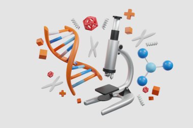 Science elements atomic bottle DNA molecule plat of bacteria, paper and microscope research on background - 3D render illustration