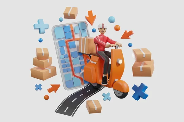 3D Delivery man driving a scooter in logistic food service on the map with navigation GPS pin with smartphone app program - 3D illustration