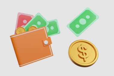 3D cüzdan, dolar ve bozuk para yığını beyaz arkaplanı, çevrimiçi ödemeyi ve para tasarrufu kavramını ayır - 3D illüstrasyon