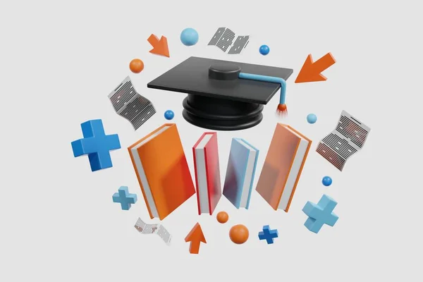 Black graduate cap and Book isolate blue background, Education concept, Learning - 3d render illustration