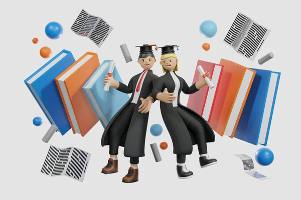 Graduate in Black graduate cap and Book isolate white background, Education concept, Learning - 3d render illustration