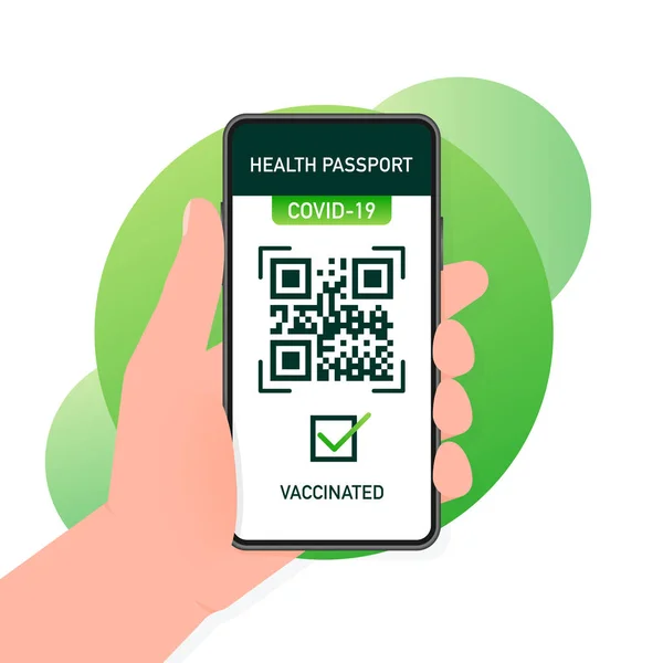 Passaporto sanitario codice qr in stile lineare su sfondo verde. Vaccinazione al coronavirus. Carta del certificato di vaccino — Vettoriale Stock