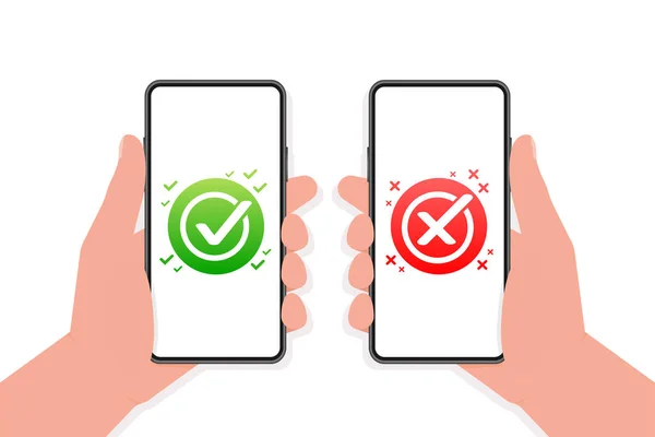 Кнопка галочки "да" и "нет" на экранах смартфонов. Плоский простой стиль тенденция современный красный и зеленый галочка — стоковый вектор