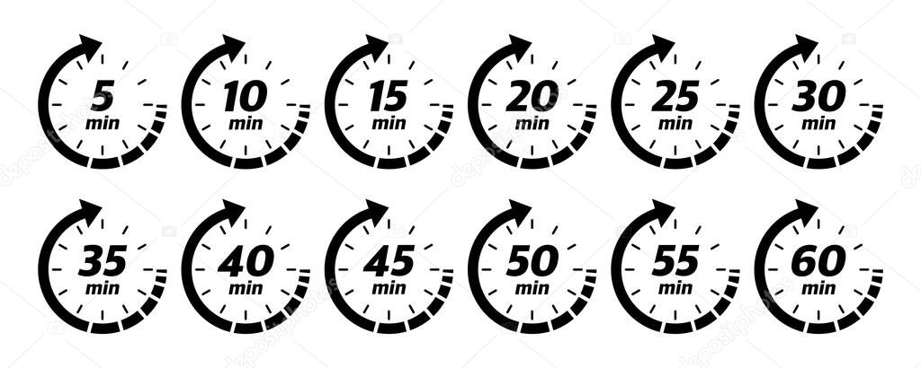 10, 15, 20, 25, 30, 35, 40, 45, 50 min, great design for any purposes. Vector logo.