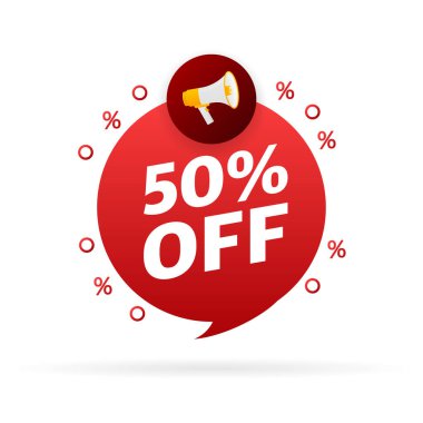 Promosyon tasarımı için% 50 indirimli düz rozetli modaya uygun bir daire reklamı. Poster rozeti. İş tasarımı. Vektör illüstrasyonu