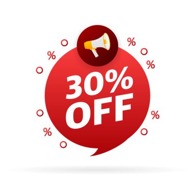 Promosyon tasarımı için% 30 indirimli düz rozetli modaya uygun bir daire reklamı. Poster rozeti. İş tasarımı. Vektör illüstrasyonu