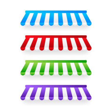 Renkli güneş kremi. Kafe ve vitrin tenteleri izole edilmiş vektör seti. Vektör illüstrasyonu