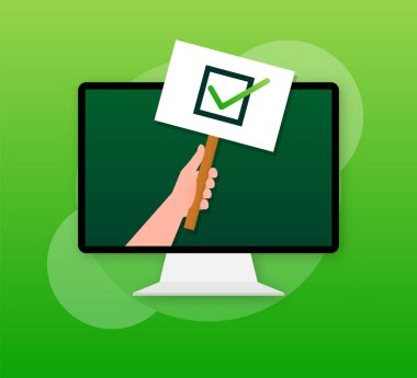 Dizüstü bilgisayar tik uyarısını onayladı, başarılı işlem denetimi işareti. İşaretli dizüstü bilgisayar bildirimi