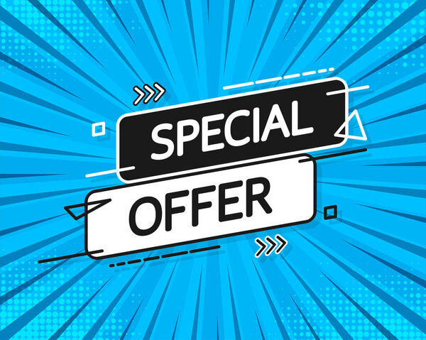 Специальное предложение плоский синий баннер. Тег скидки, значок приложения. Векторная иллюстрация