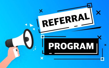 Yönlendirme programı işareti olan megafon mavisi bir pankart. Vektör illüstrasyonu